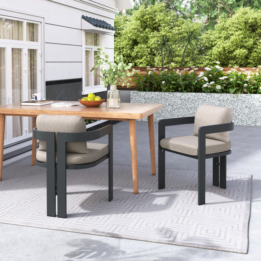 GDF Studio Outdoor Aluminum Dining Chairs With Cushions, Set of 2, Black/Beige