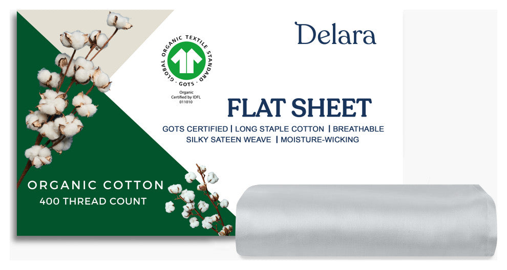 Delara GOTS Certified 100% Organic Cotton Flat Sheet 400TC, Light Gray, Twin, 74"x105"