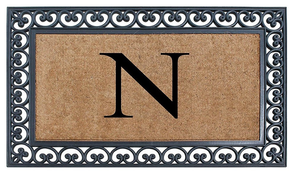 A1HC Black Rubber and Coir Paisley Border Monogrammed Double Doormat, 30"X48", N