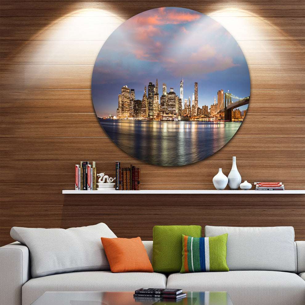 Manhattan At Nighttime, Cityscape Photography Round Wall Art, 11"