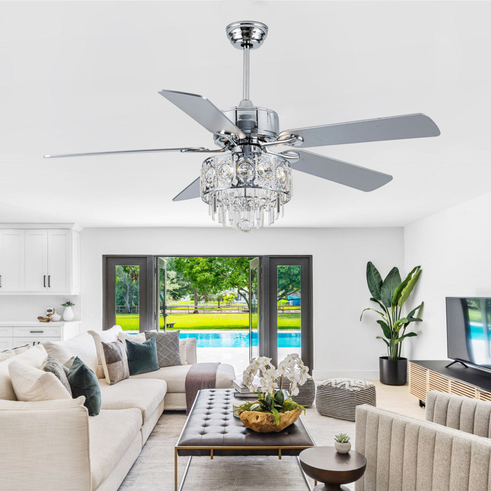 52" Modern Silver Crystal Ceiling Fan 6-speed with Dimmable Light and Remote, Chrome, 52"