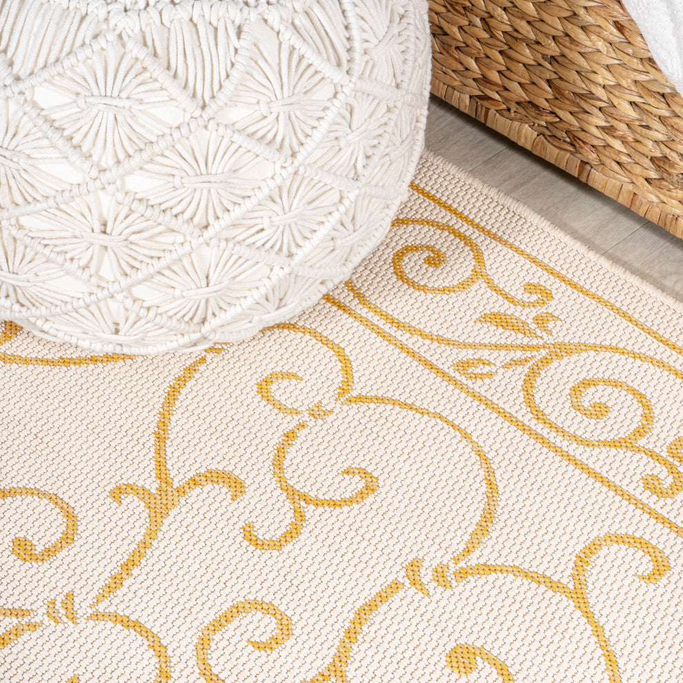 Charleston Filigree Textured Weave Indoor/Outdoor, Cream/Yellow, 2 X 8