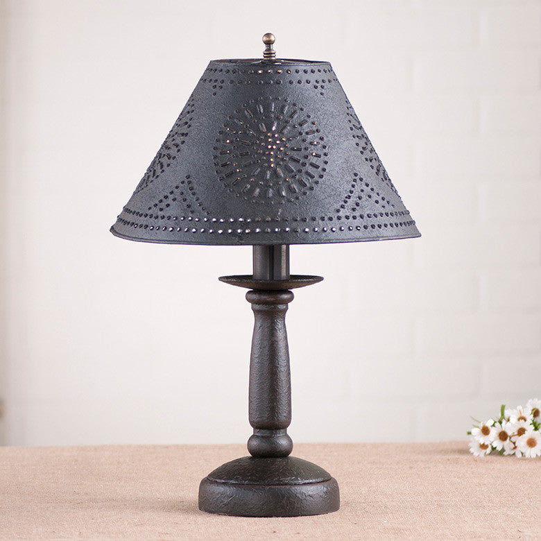 Handcrafted Wood Butchers Table Lamp With Punched Tin Shade, Black