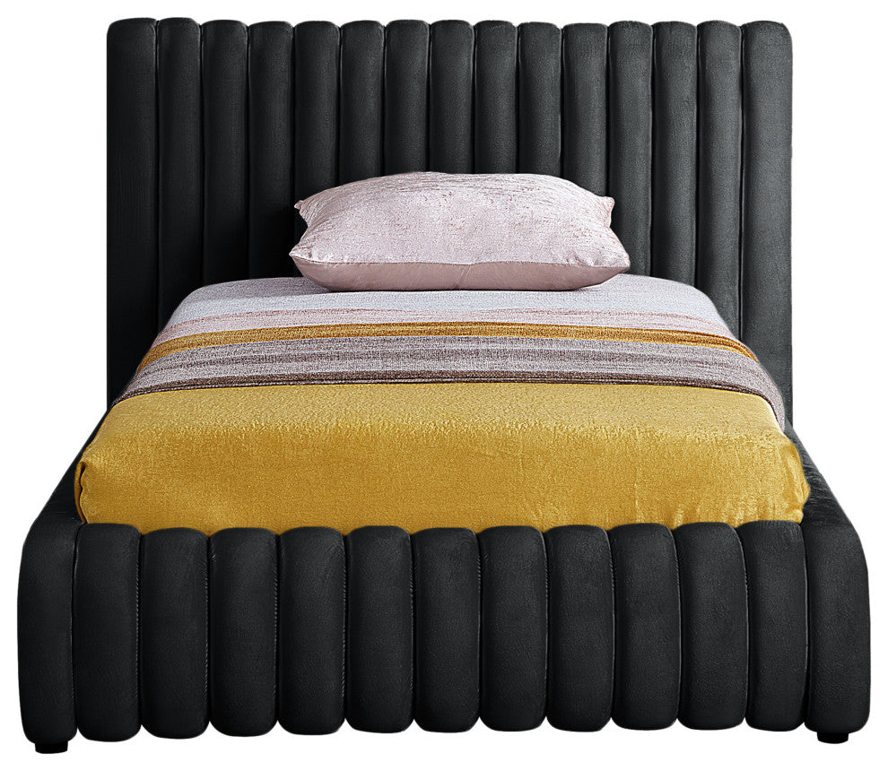 Nico Black Velvet Upholstered Bed, Black, Twin