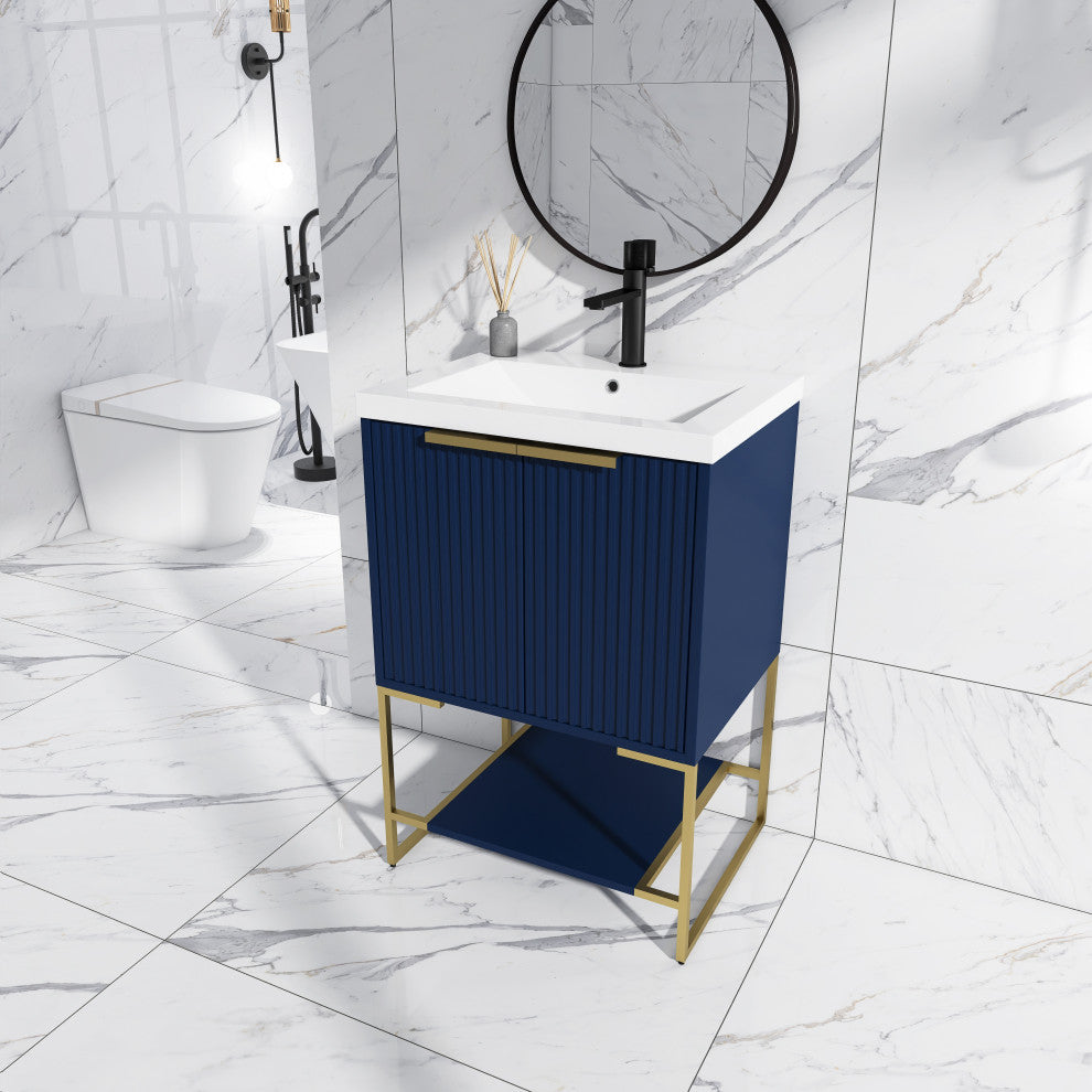 Plywood Freestanding Bathroom Vanity Set with White Ceramic Sink , Navy Blue, 24