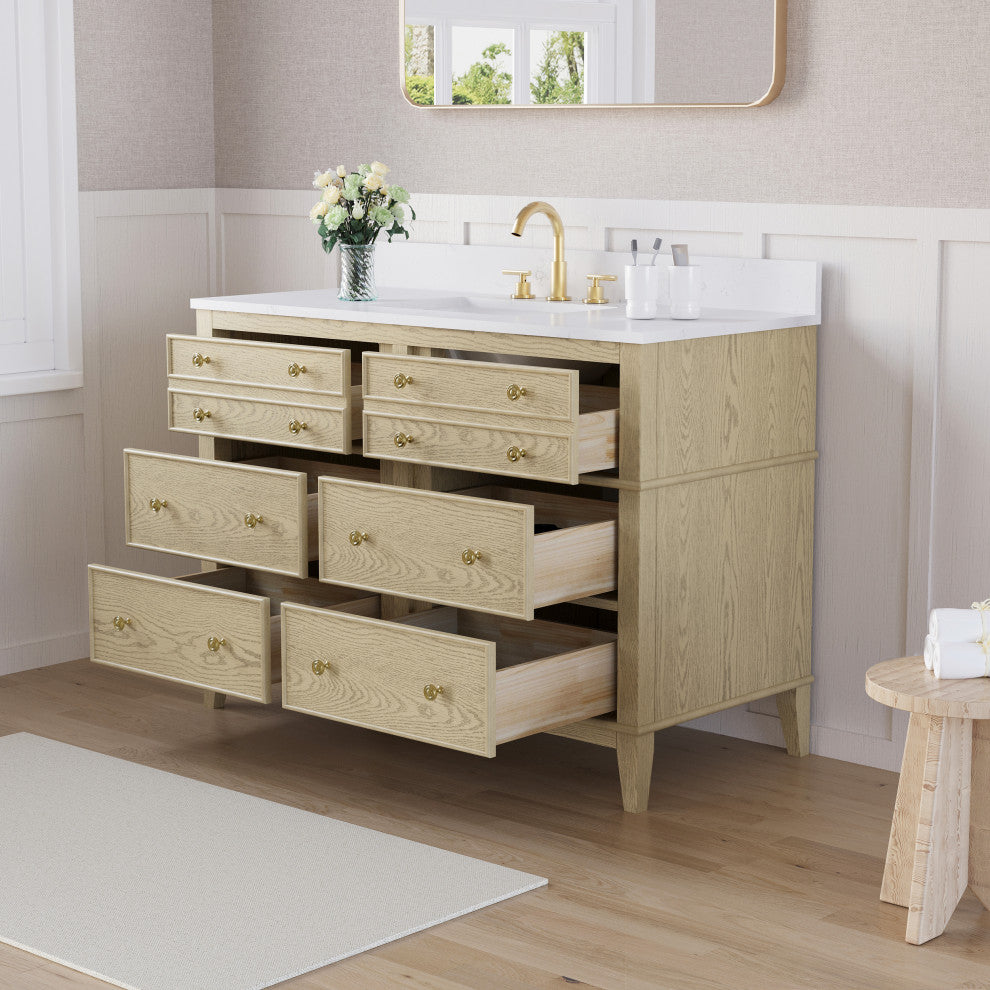 Oak Solid Wood Bath Vanity with White Quartz Top, Soft-Close, CUPC Certified, 48"