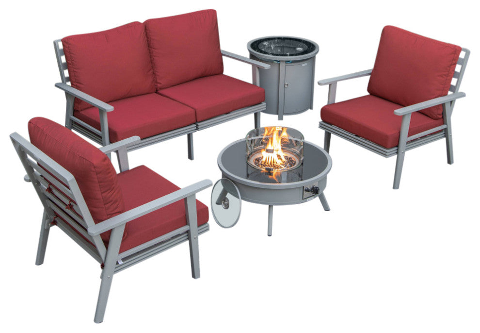 LeisureMod Walbrooke Grey Patio Sofa Set With Round Fire Pit Table, Red