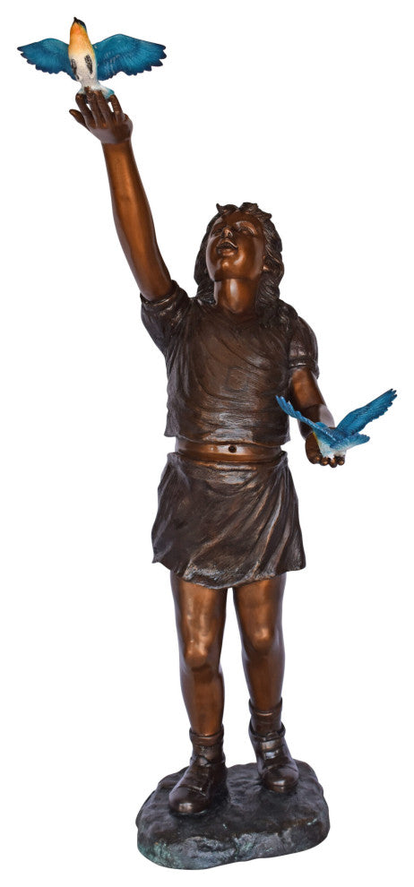 Girl, sandy, with two Blue birds Bronze Statue - Size: 25"L x 23"W x 41"H.