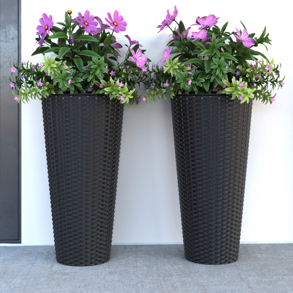 Noah Round Wicker Planter 2-Piece Set, Black