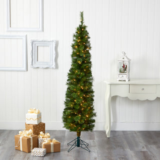 6' Green Pencil Faux Xmas Tree W/Clear Multifunction Lights & Bendable Branches