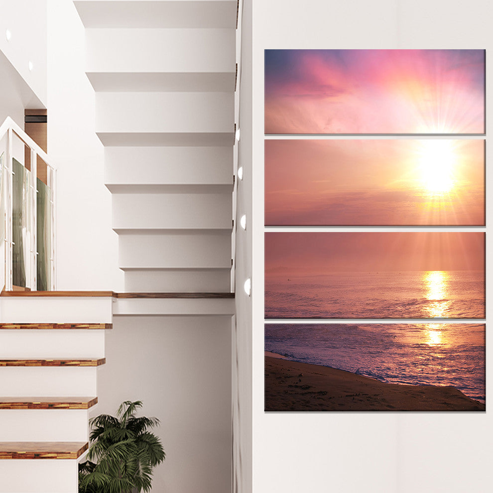 Purple Tinged Seashore At Sunset, Seashore Canvas Art Print, 28"x48", 4 Panels