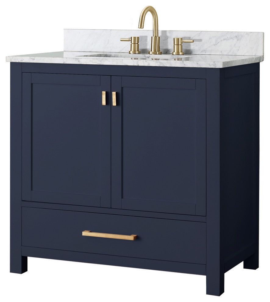 Avanity Modero Bath Vanity in Navy Blue, 36", Single Sink, Carrara White Marble