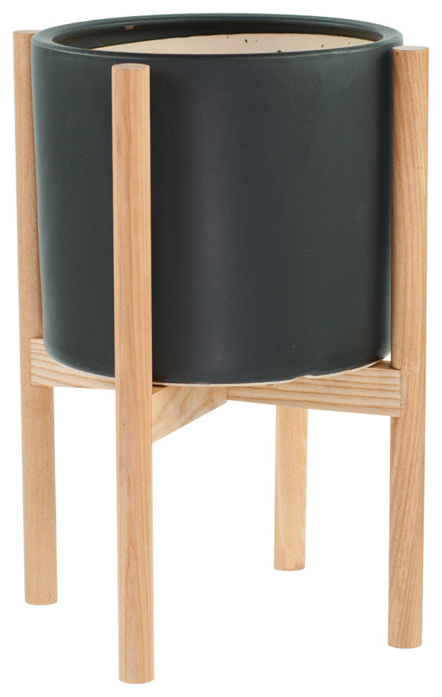 Modern Large Ceramic Cylinder Pot 10" Black With Wood Plant Stand Natural Color