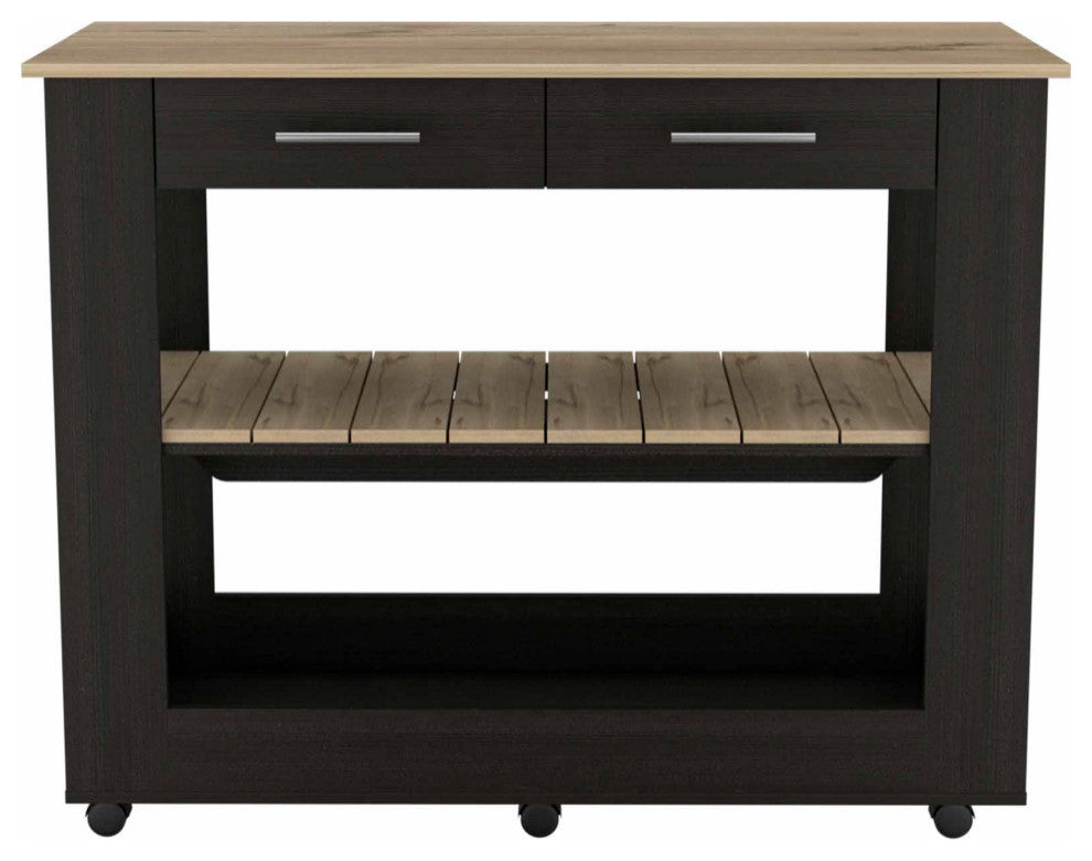 Brooklyn 80 Light Oak Accented Kitchen Island, with Shelves and Drawers, Black