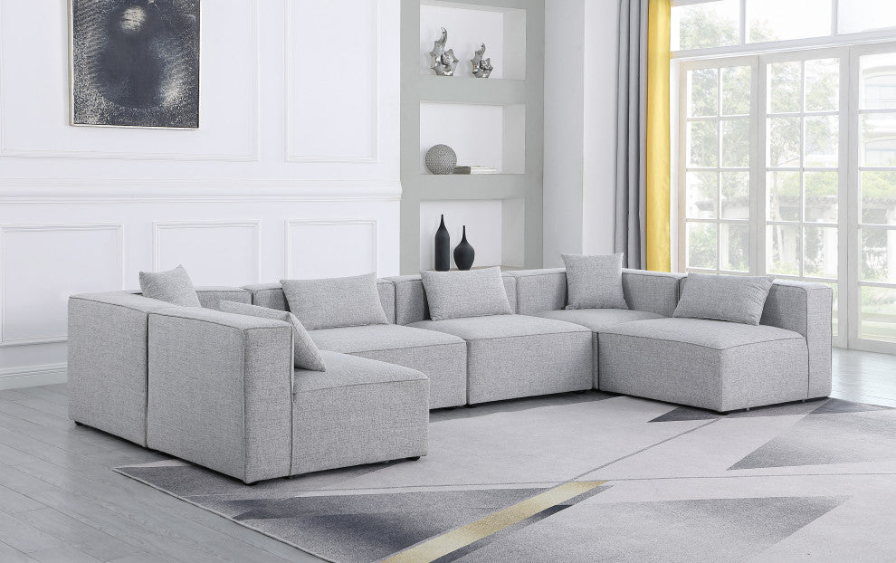 Cube Upholstered Modular Sectional, Gray, 6-Piece: 4 Armless Chair, 2 Corner Chair, Linen Texured Fabric