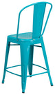 24" High Crystal Teal-Blue Metal Indoor-Outdoor Counter Stool With Back