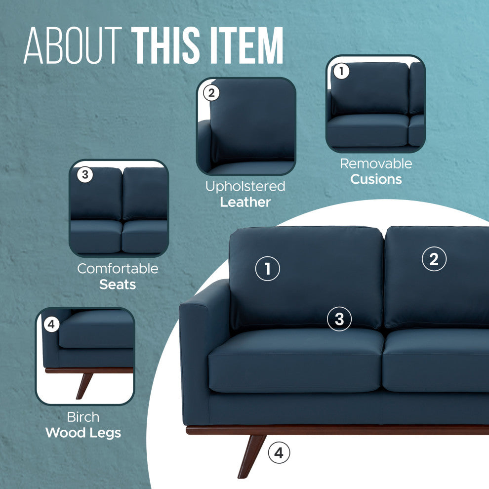 LeisureMod Chester Modern Leather Loveseat With Birch Wood Base, Navy Blue