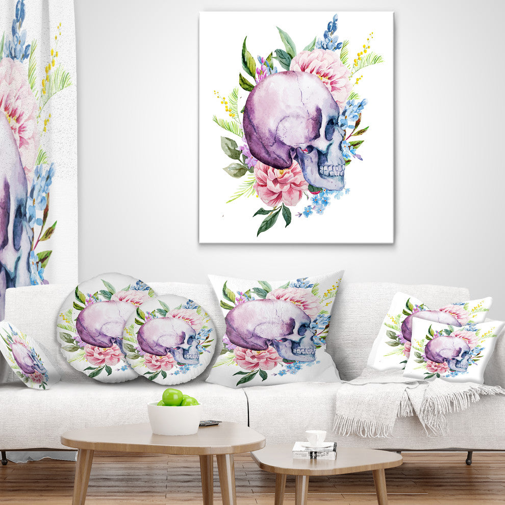 Skull with Flower Borders Floral Throw Pillow, 16"x16"