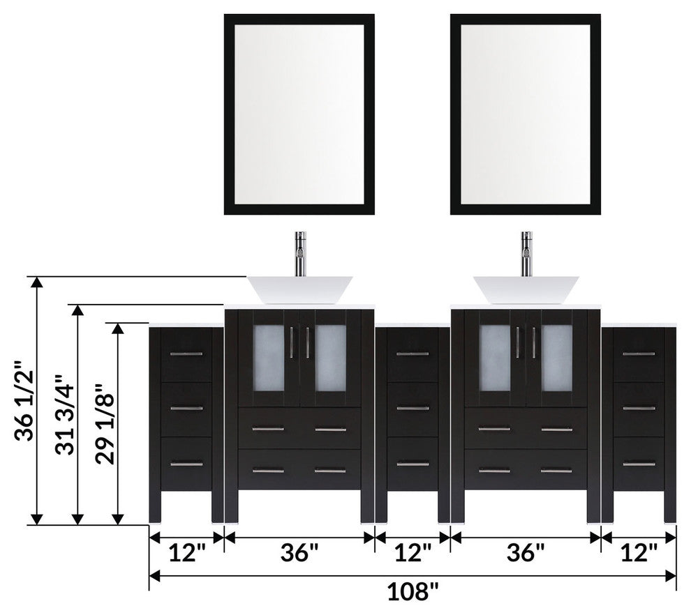 Modern Vanity Set With Two Sink Bases With Mirrors and Three Drawer Bases, Espre