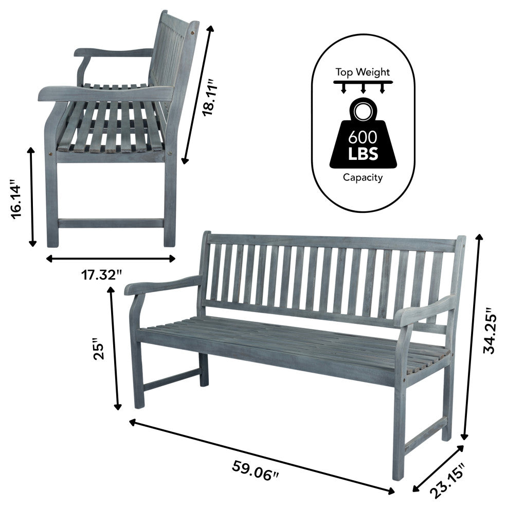Laurel 59.1" 3-Seat Slat-Back Acacia Wood Outdoor Garden Patio Bench, Gray