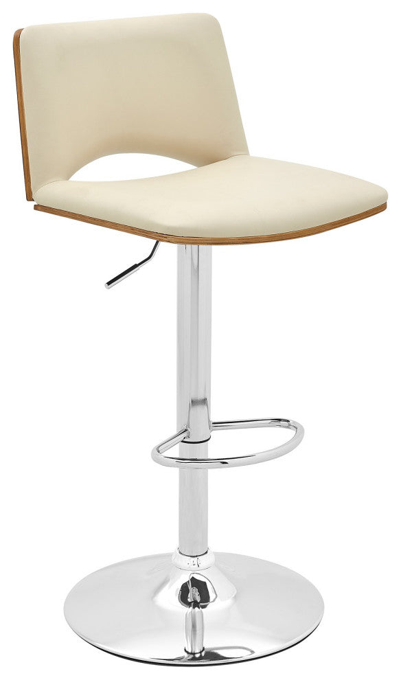 Benzara BM246078 Swivel Cream Faux Leather With Walnut Back and Chrome Bar Stool