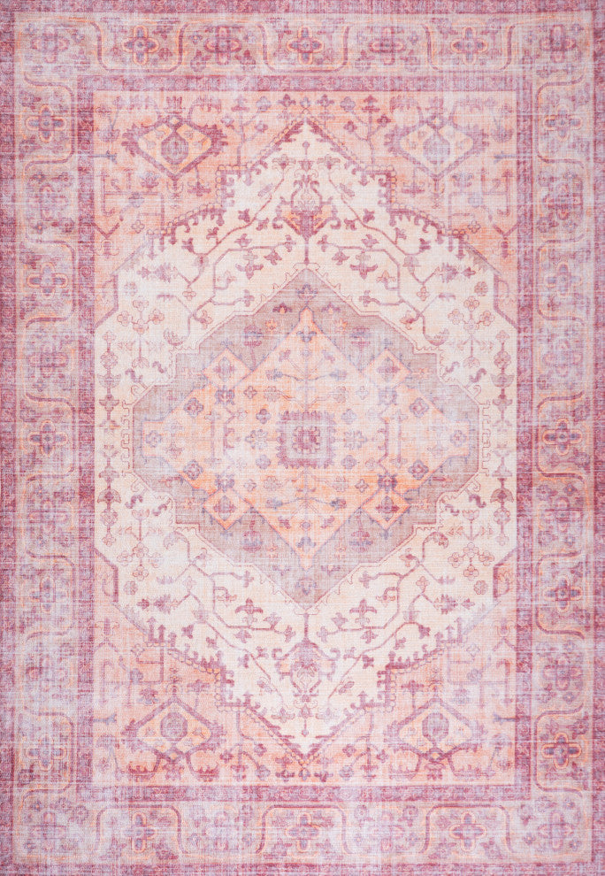Alacati Ogee Medallion Machine Washable Indoor Area Rug, Red/Orange/Cream, 5 X 8