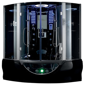 Valencia Steam Shower w/ Heated Massage Bathtub Whirlpool Hot Tub Sauna, Black