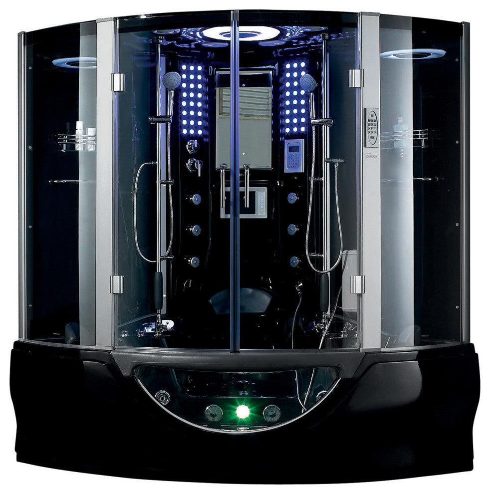 Valencia Steam Shower w/ Heated Massage Bathtub Whirlpool Hot Tub Sauna, Black