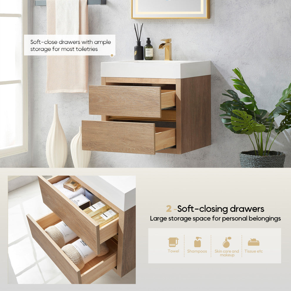 Palencia Floating Bath Vanity With Composite Stone Top, North American Oak, 24", No Mirror