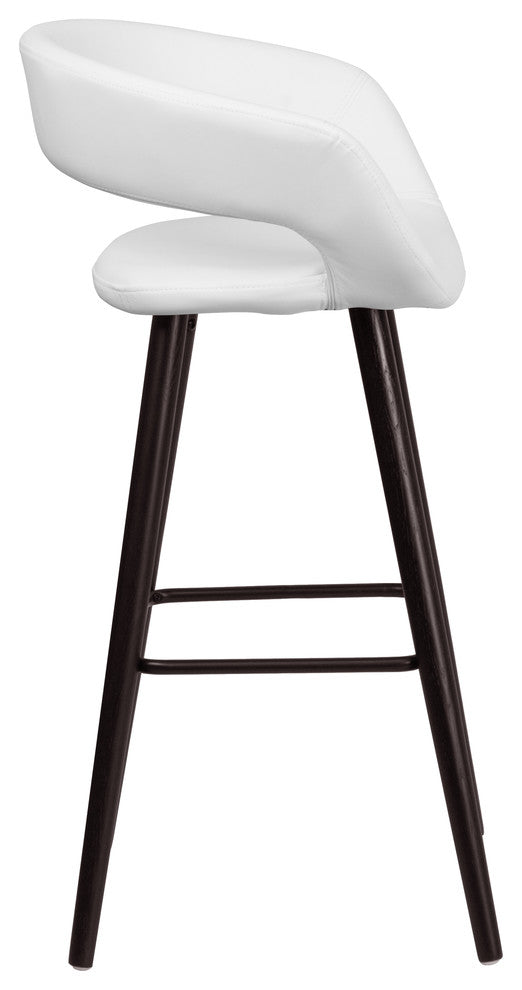 Modern 29" High Contemporary Cappuccino Wood Barstool in White Vinyl