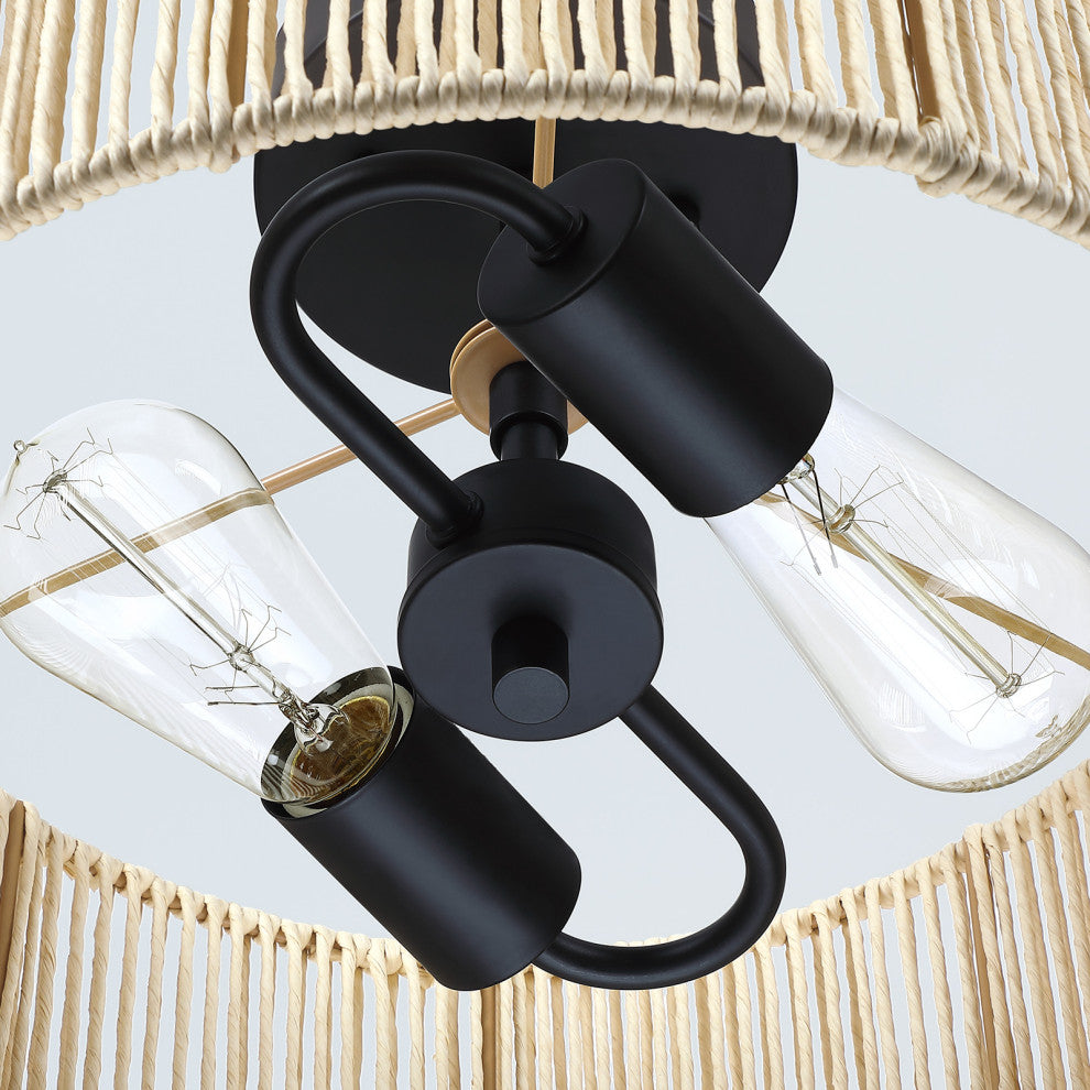 14" W 2-Light Woven Rope Drum Semi-Flush Mount Ceiling Light, Beige