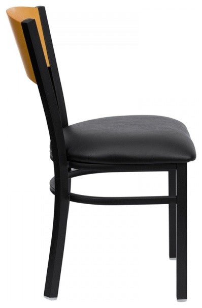 Black Circle Back Metal Restaurant Chair, Natural Wood Back, Black Vinyl Seat