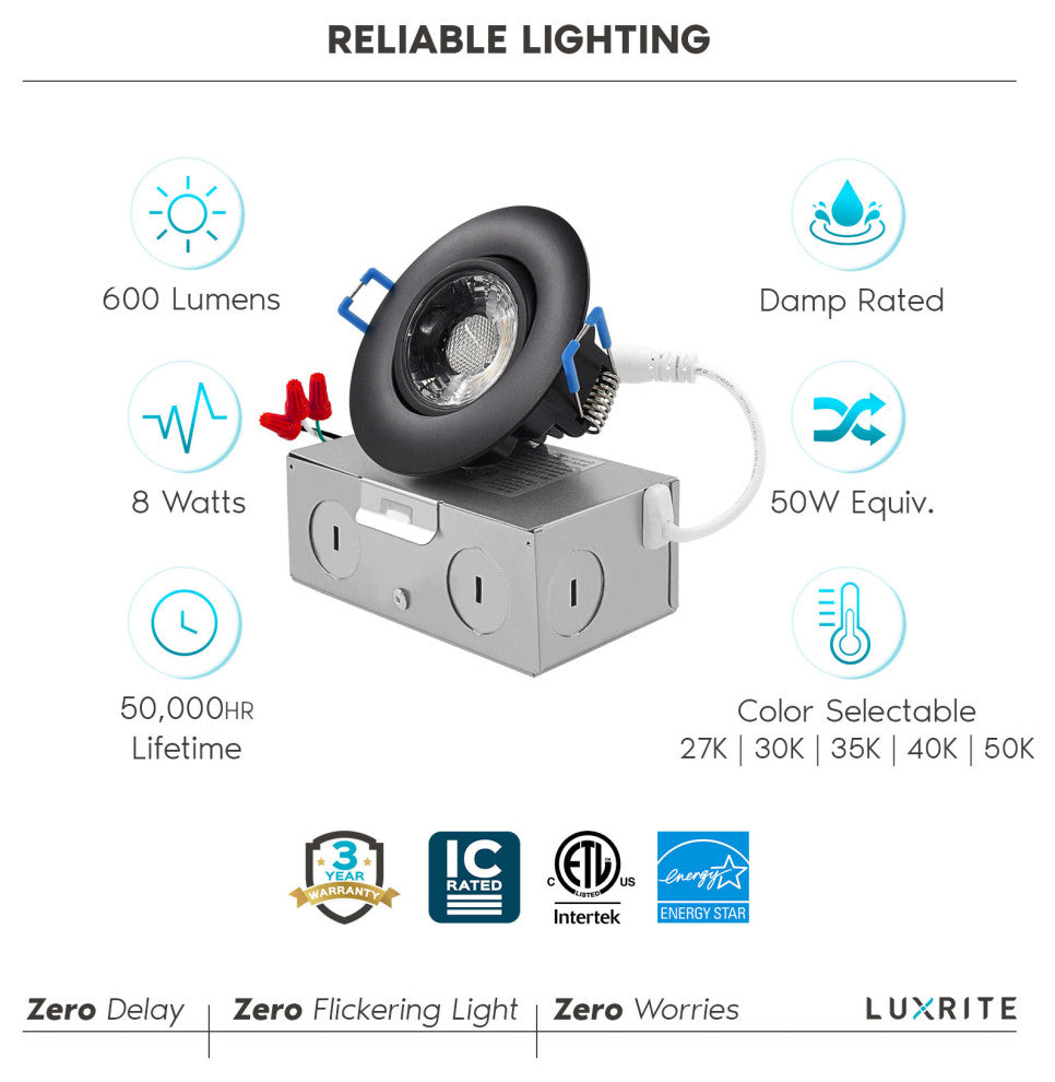 Luxrite 3" Gimbal LED Recessed Light J-Box 8W 5 CCT Black 6 Pack