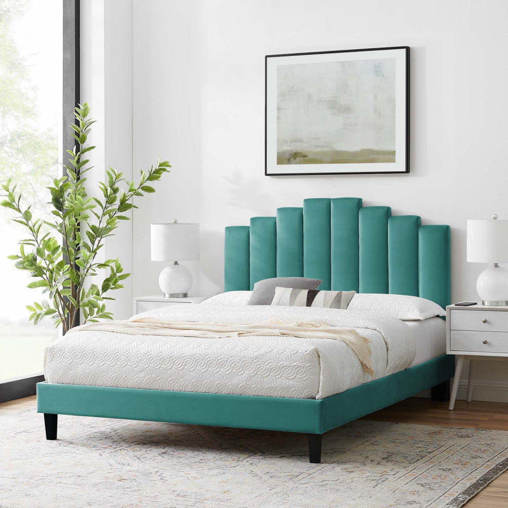 Platform Bed Frame, King Size, Velvet, Teal Blue, Modern Contemporary, Bedroom