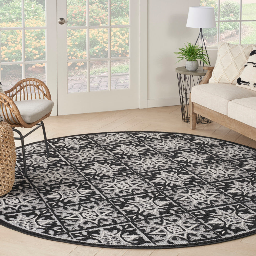 Nourison Aloha 7'10" Round Black White Contemporary Area Rug