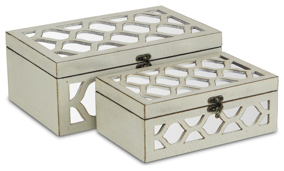 Moroccan Mirrored Wooden Boxes, Blue, Set of 2, White