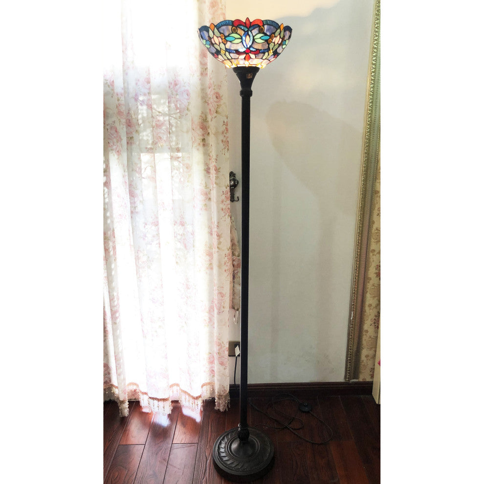 VIVIAN Tiffany-Style Victorian Stained Glass Torchiere Floor Lamp, 69"