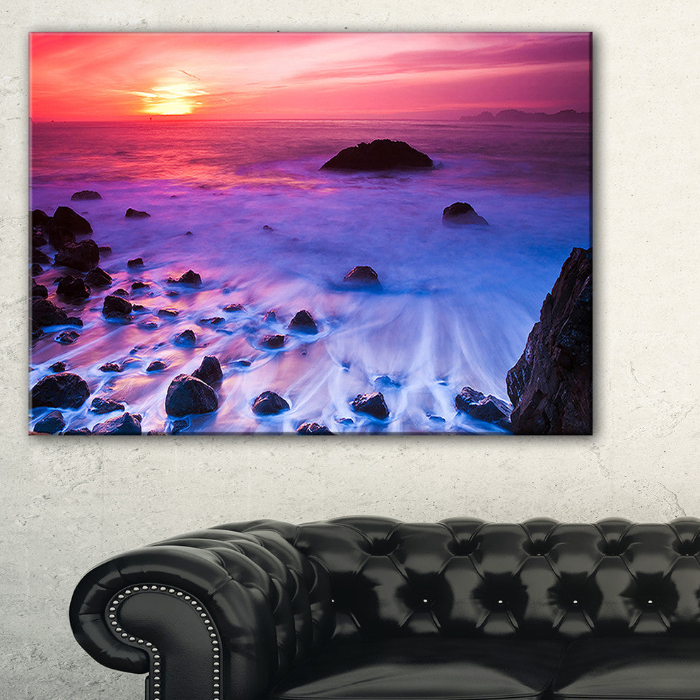 "Bluish Waters At Sunset Panorama" Modern Seashore Canvas Art, 32"x16"