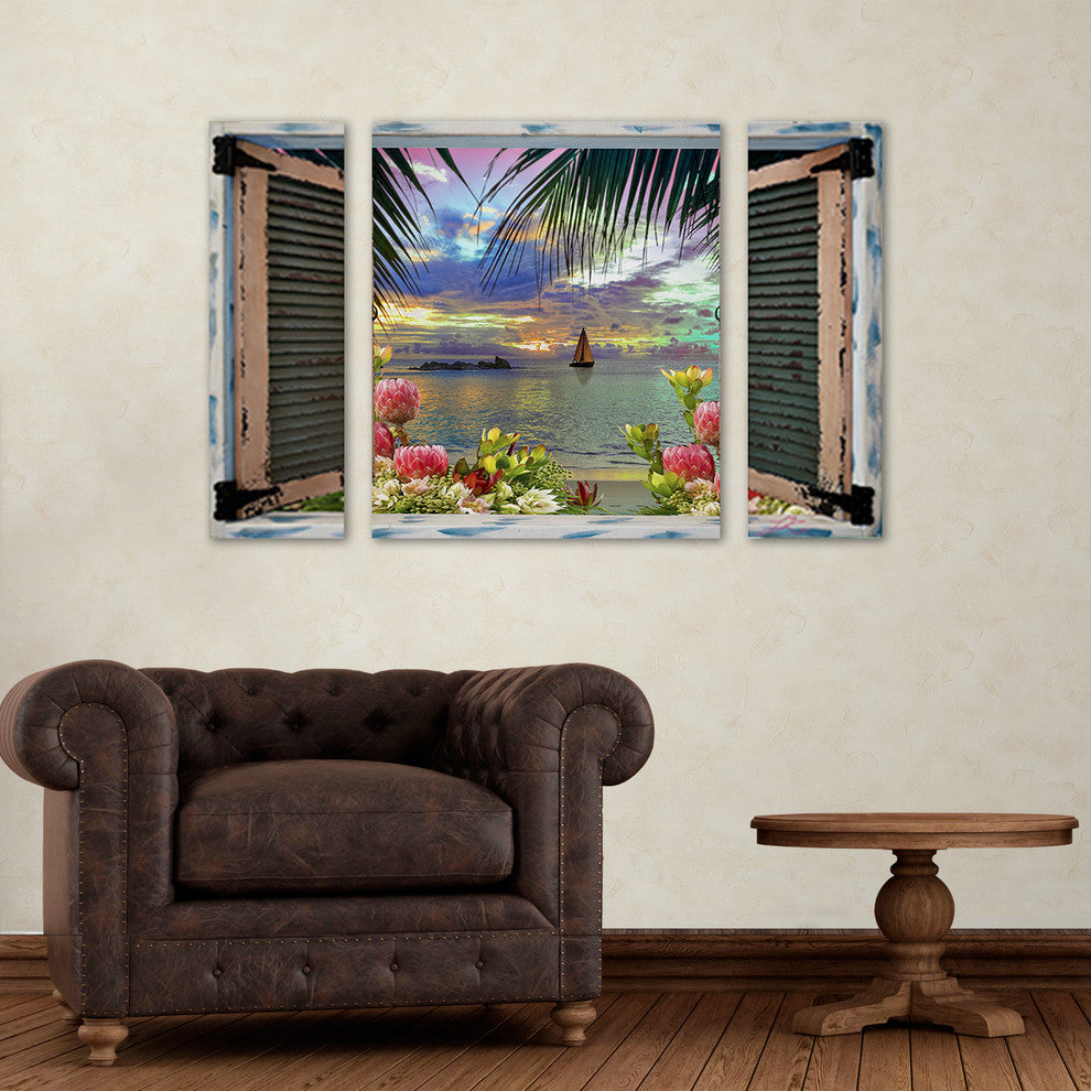 Leo Kelly ''Tropical Window to Paradise III'' Multi Panel Art Set Large, 41"x30"