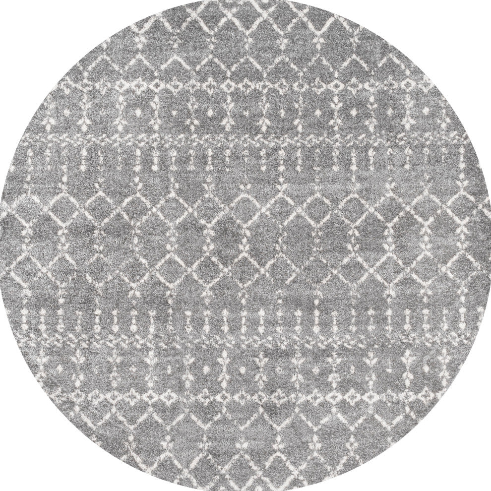 Moroccan HYPE Boho Vintage Diamond Runner Rug, Gray/Ivory, 5' Round