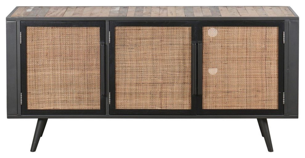 Rustic Black Natural and Rattan Media Cabinet With Three Doors