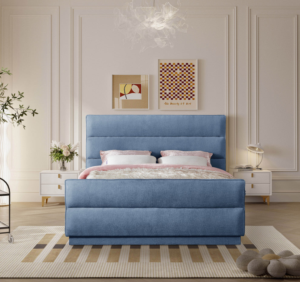 Paxton Chenille Fabric Upholstered Bed, Blue, Full