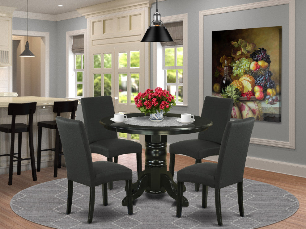 5Pc Rounded 42" Dining Table, Four Parson Chair, Black Finish Leg