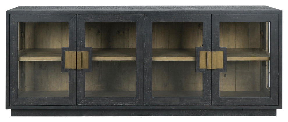 Larson 90" Glass Reclaimed Pine Wood Sideboard, Black