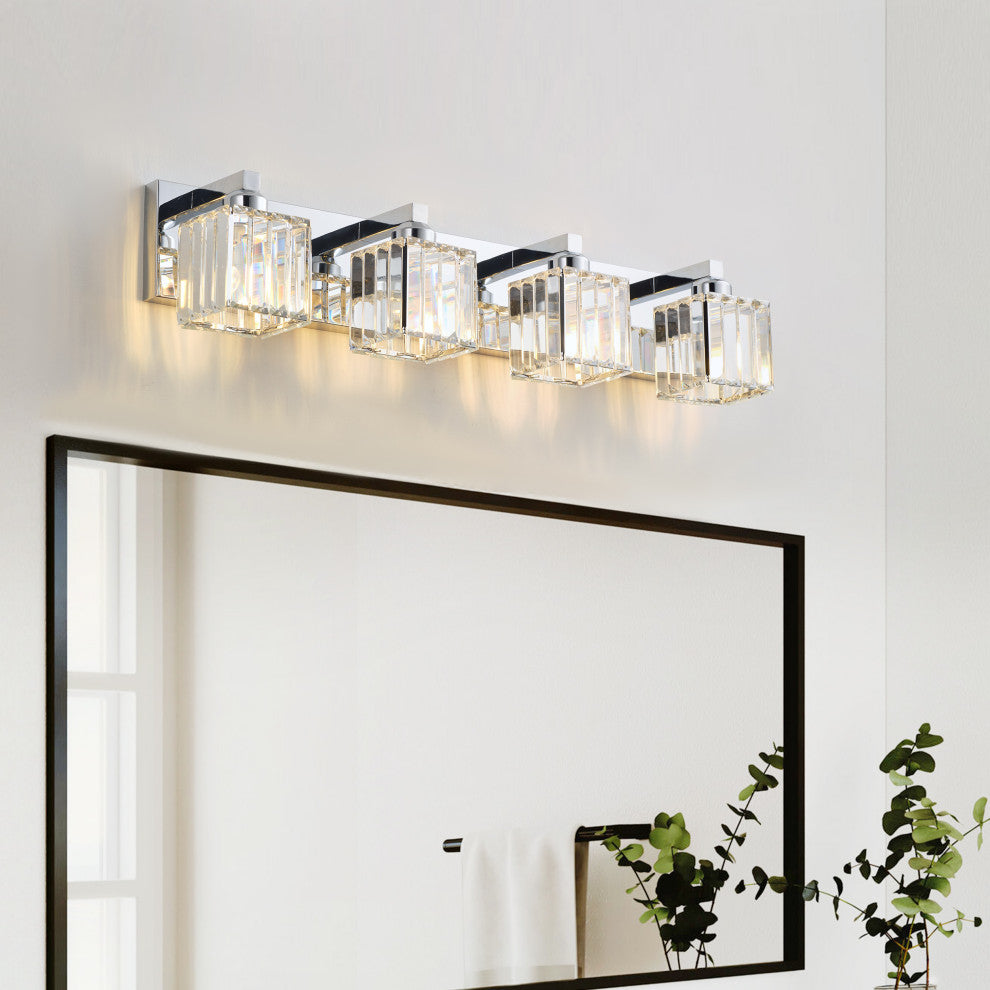 Polished Chrome 4-Light Textured Crystal Bathroom Vanity Light