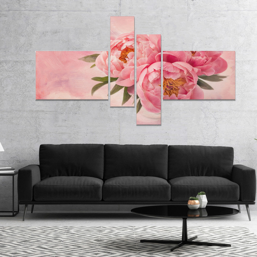 Peony Flowers in Vase on Pink, Floral Canvas Art Print, 60"x32", 4 panels