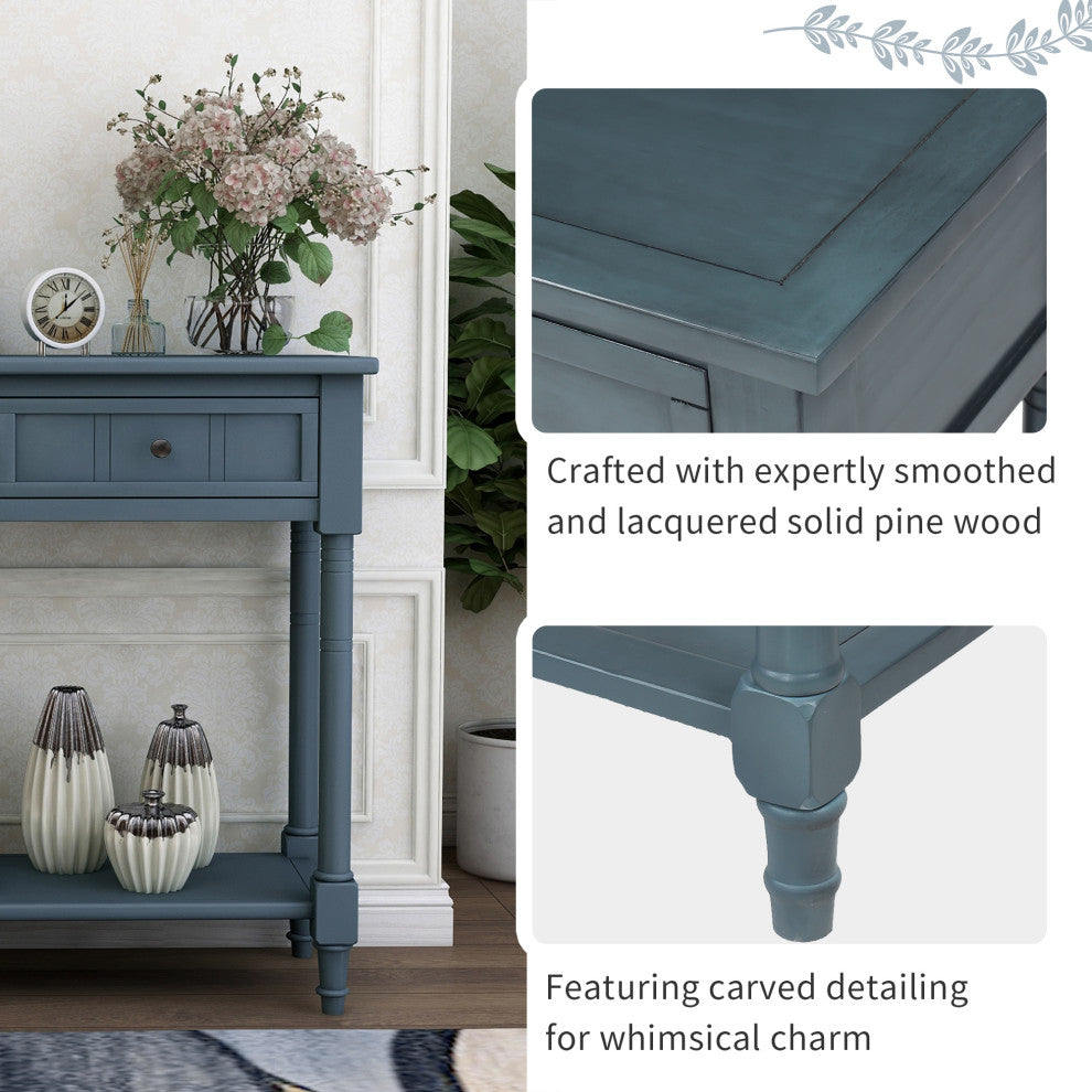 Console Table with Two Drawers and Bottom Shelf, Navy