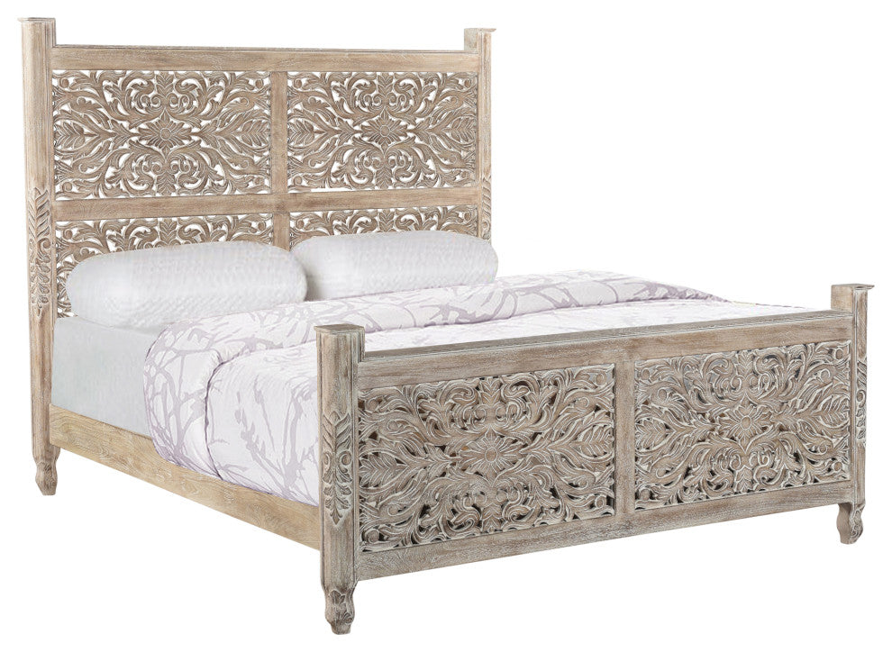 Delaney Floral Carved Bed, Limestone Gray, King