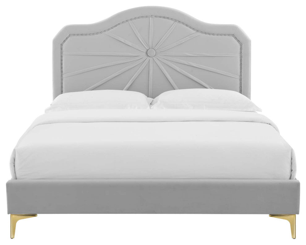 Platform Bed Frame, King Size, Velvet, Light Gray, Modern Contemporary