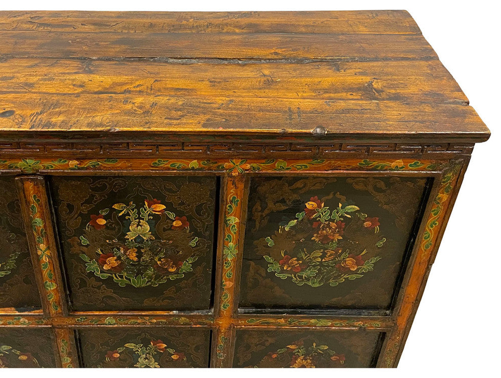 Consigned 19th Century Antique Tibetan Hand Painted Credenza Storage Cabinet